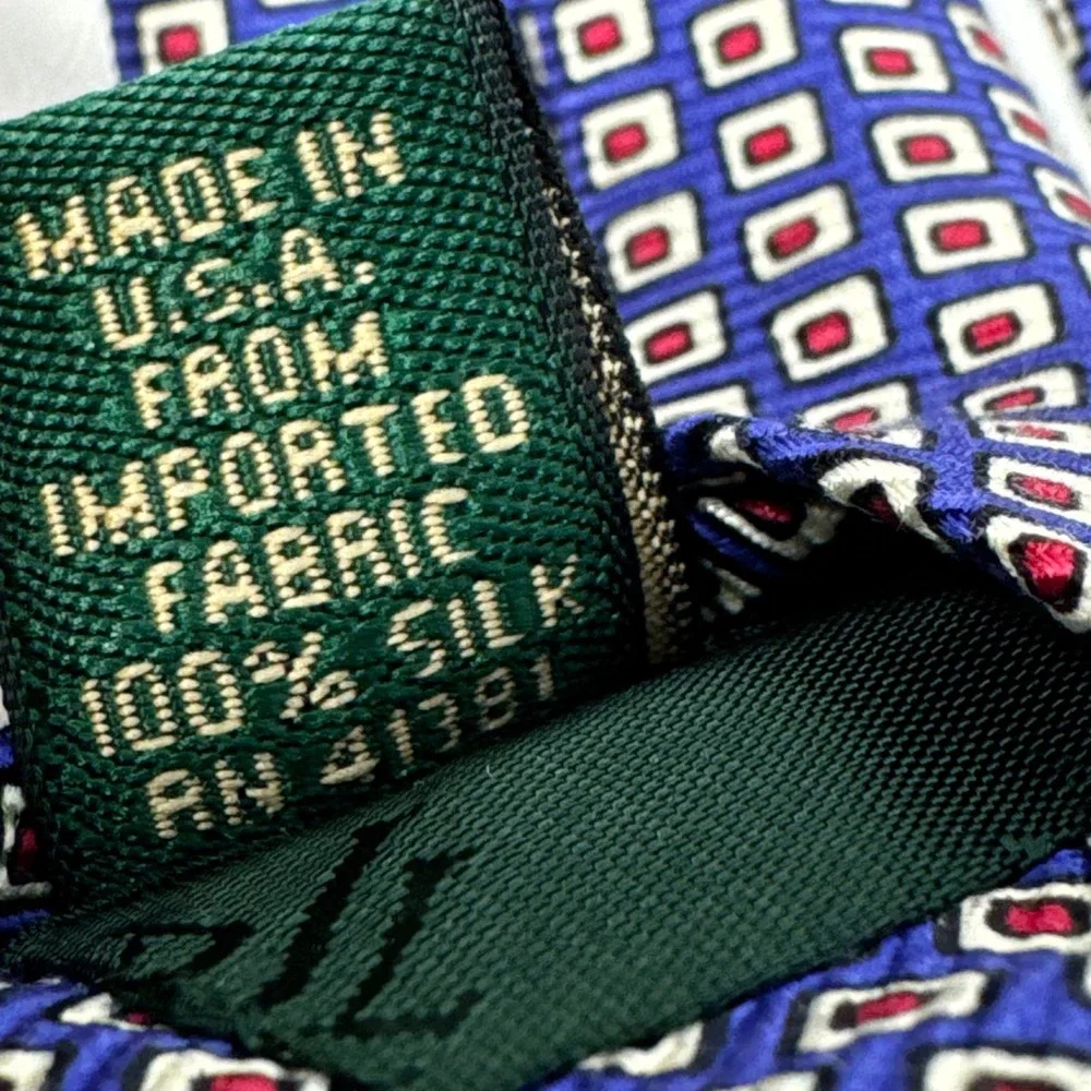 Ralph Lauren Mens Silk Tie Blue Red Geometric Square‎ Pattern Hand Finished